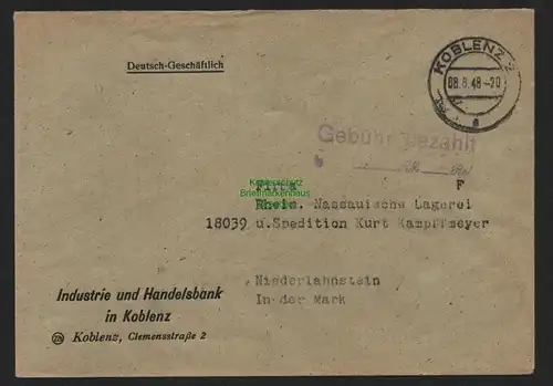 B11097 Brief BAZ Gebühr bezahlt 1948 Koblenz Handelsbank nach Niederlahnstein