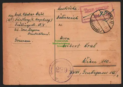 B11105 Karte BAZ Gebühr bezahlt Taxe percue 1946 Lindau Bodensee nach Wien Öster