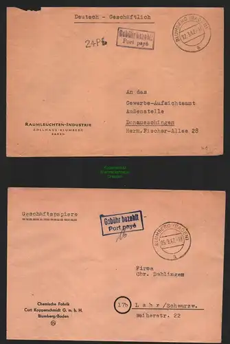B11120 2x Brief BAZ Gebühr bezahlt 1947 Port paye Blumberg Baden Donaueschingen