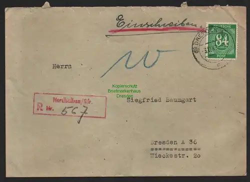 B11175 Brief Einschreiben Alliierte Besetzung Nordhalben nach Dresden 1947