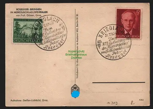B11303 Deutsches Reich 855 - 856 100. Geburtstag Peter Rosegger SST Krieglach