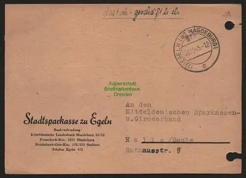 B11382 Postkarte Gebühr bezahlt Egeln Bz. MAgdeburg 1945 Stadtsparkasse