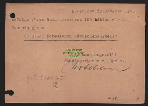 B11382 Postkarte Gebühr bezahlt Egeln Bz. MAgdeburg 1945 Stadtsparkasse