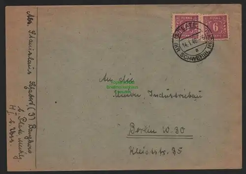 B11238 Brief SBZ Mecklenburg 1946 Plate Kr Schwerin Meckl. nach Berlin gepr. Sch