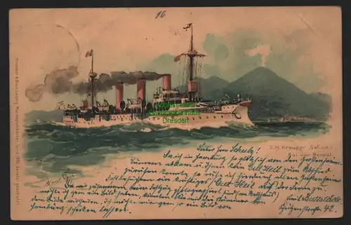 B11341 AK Litho S. M. Kreuzer Gefion unter Volldampf 1898 Vesuv Künstlerkarte