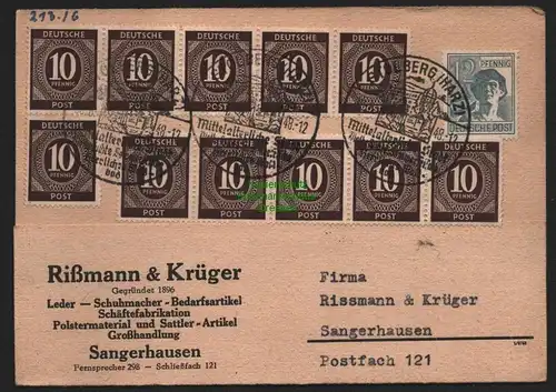 B11392 Karte SBZ Zehnfach Währungsreform 1948 Stolberg Harz 30.6.48 Sangerhausen