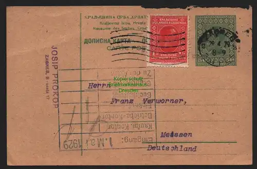 B11351 Ganzsache Zagreb Kroatien 1929 nach Meissen