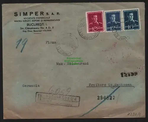 B11266 Brief Rumänien Zensur OKW 1943 nach Freiberg Einschreiben Bucuresti 24