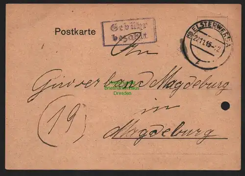 B11379 Postkarte Gebühr bezahlt Elsterwerda 1945 an Giroverband Magdeburg