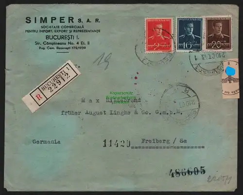 B11267 Brief Rumänien Zensur OKW 1943 nach Freiberg Einschreiben Bucuresti 22912