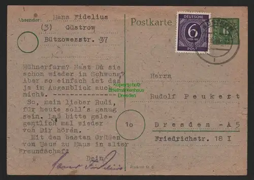 B11215 Ganzsache SBZ Mecklenburg 1945 Güstrow nach Dresden mit Zusatzfrankatur
