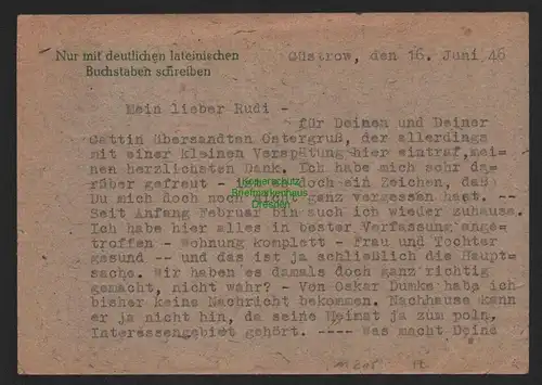 B11215 Ganzsache SBZ Mecklenburg 1945 Güstrow nach Dresden mit Zusatzfrankatur