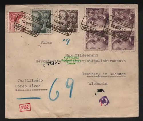 B11282 Brief Barcelona Spanien 1941 Freiberg Luftpost Doppelzensur OKW spanische