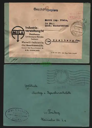 B11254 2x Brief Brand Erbisdorf Gebühr bezahlt Währungsreform 1948 n. Freiberg