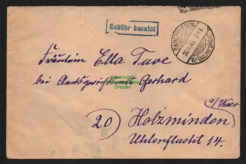 B11295 Brief Badersleben Kr. Oschersleben 1945 Gebühr bezahlt nach Holzminden