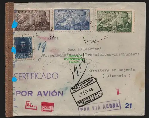 B11275 Brief Barcelona Spanien 1943 Luftpost Freiberg Einschreiben Certificado