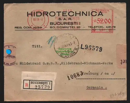 B11283 Brief Rumänien Zensur OKW 1943 nach Freiberg Einschreiben Bucuresti 1