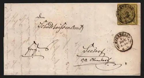 B11734 Brief Württemberg 2y V gepr. Irtenkauf BPP Stuttgart 1855 nach Seedorf