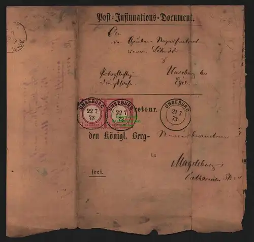 B11507 Post Insinnations Document Unseburg 1873 nach Magdeburg innen Negativ