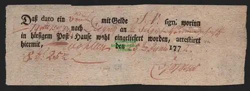 B11449 Wohlau 1772 Einlieferungsschein Geld Brief nach Glogau