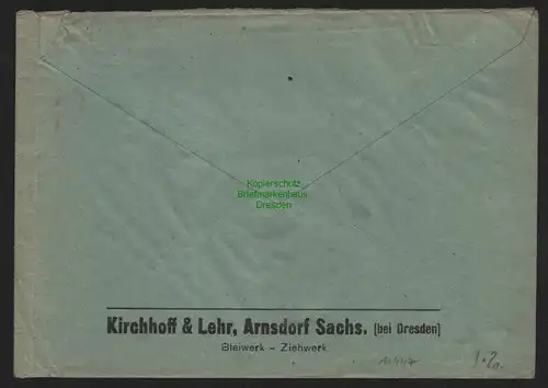 B11447 SBZ Brief 46 Notstempel Arnsdorf 1945 Kirchhoff  Lehr Bleiwerk Ziehwerk