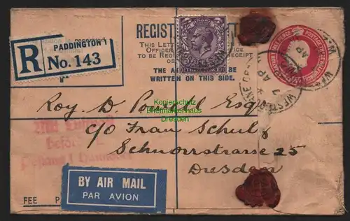 B11342 Brief Paddington London 1930 mit Luftpost befördert Dresden Einschreiben