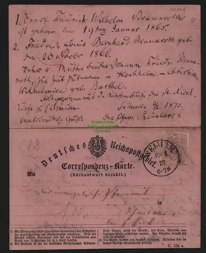 B11505 Deutsches Reich Postkarte mit Antwortkarte Weimar nach Erfurt 1875 zurück