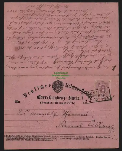 B11505 Deutsches Reich Postkarte mit Antwortkarte Weimar nach Erfurt 1875 zurück