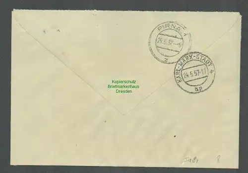 B5184 DDR ZKD B 11 Brief Konsum Karl-Marx-Stadt nach Pirna 1957