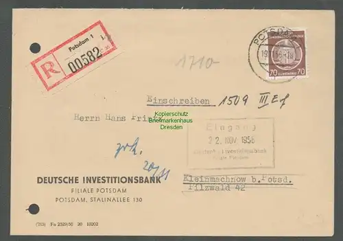 B5235 Dienst Brief 1956 Potsdam Einschreiben Investitionsbank Empf. Unbekannt ve