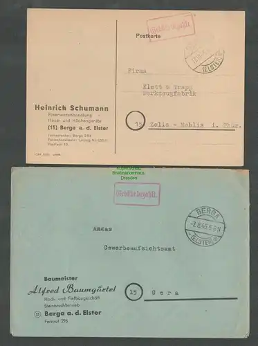 B5722 Gebühr bezahlt 1945 Brief Postkarte Berga Elster Eisenwarenhandlung Schu