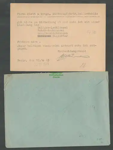 B5722 Gebühr bezahlt 1945 Brief Postkarte Berga Elster Eisenwarenhandlung Schu