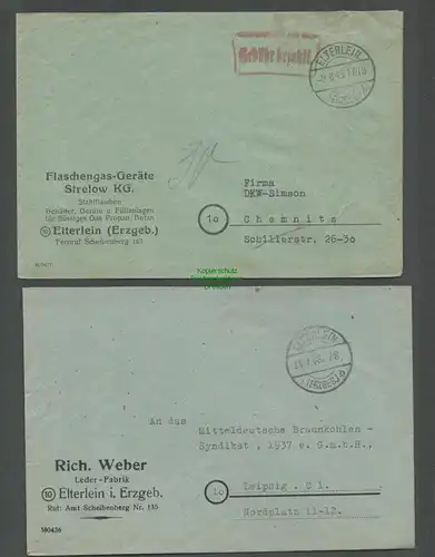B5742 Gebühr bezahlt 1945 2x Brief Elterlein Leder Fabrik Weber Flaschengas