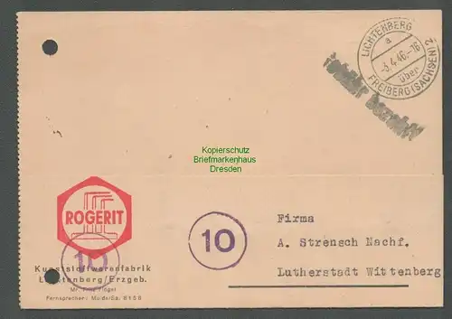 B5796 Gebühr bezahlt 1946 Postkarte Lichtenberg Freiberg Kunststoffwarenfabrik