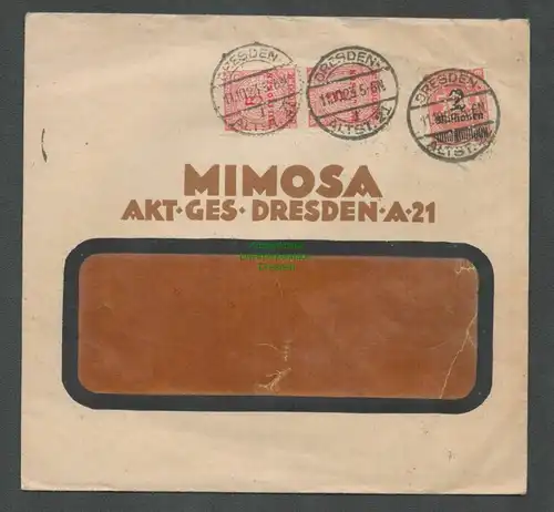 B6026 Brief Deutsches Reich DR 1923 Mimosa Dresden A21 Perfin Firmenlochung