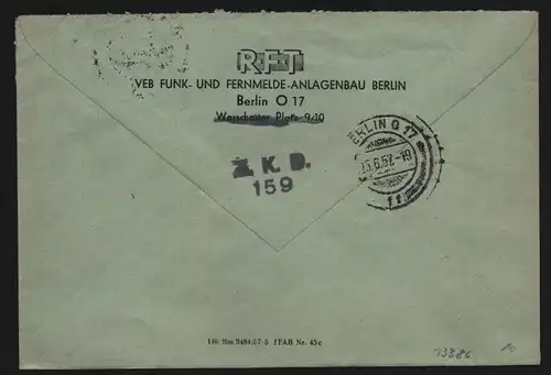 B13386 DDR Dienst ZKD 14 1602 Brief 1957 Berlin RFT VEB Funk- und Fernmelde Anla