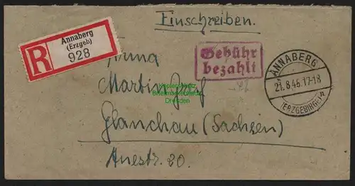 B10371 Brief SBZ Gebühr bezahlt 1945 Einschreiben Annaberg Erzgeb. nach Glauchau