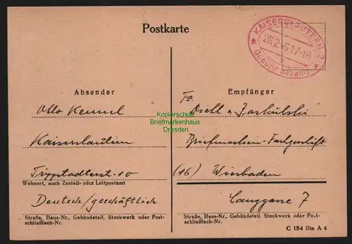 B10326 Postkarte BAZ Gebühr bezahlt 1946 Kaiserslautern nach Wiesbaden