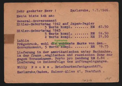 B10314 BAZ Notganzsache 1946 Karlsruhe Baden Gebühr bezahlt P 900b
