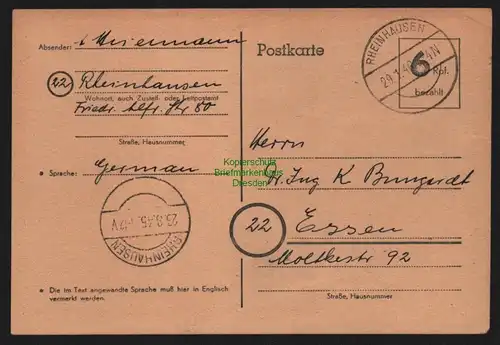 B10312 BAZ Notganzsache 1945 Rheinhausen nach Essen