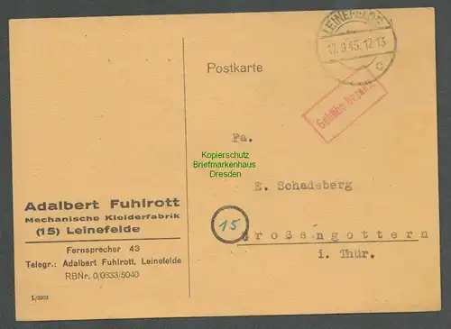 B-5661 SBZ Gebühr Bezahlt Postkarte Leinefelde 1945 Mech. Kleiderfabrik Fuhlrott