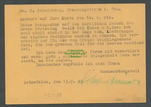 B-5661 SBZ Gebühr Bezahlt Postkarte Leinefelde 1945 Mech. Kleiderfabrik Fuhlrott