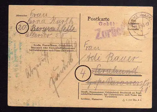 B101 Dahme Mark 28.8.45 Gebühr bezahlt Postkarte zurück Bergen