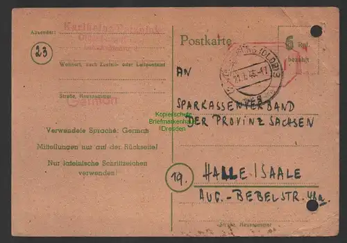 B10196 Gebühr bezahlt Postkarte Ganzsache Oldenburg 1946 an Sparkassenverband