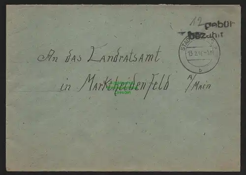 B10430 Brief BAZ Gebühr bezahlt 1946 Stadtprozelten nach Marktheidenfeld