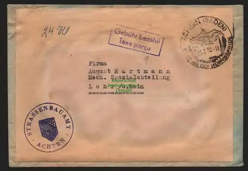 B10445 Brief BAZ Gebühr bezahlt 1948 Taxe percue Achern nach Lohr a. Main