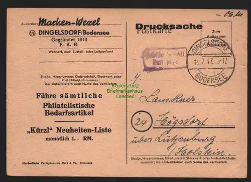 B10458 Postkarte BAZ Gebühr bezahlt 1947 Dingelsdorf Bodensee nach Högsdorf