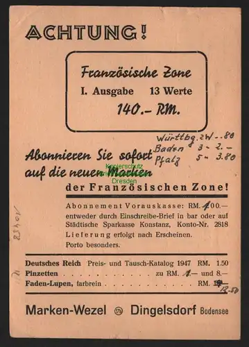 B10458 Postkarte BAZ Gebühr bezahlt 1947 Dingelsdorf Bodensee nach Högsdorf