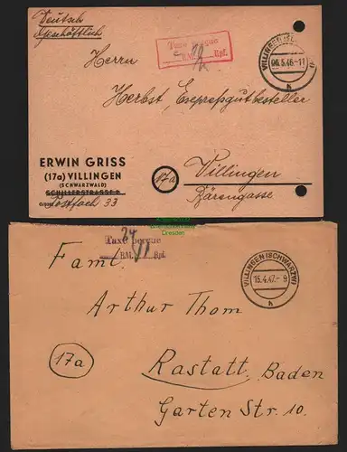 B10444 Postkarte / Brief BAZ Gebühr bezahlt 1946 1947 Villingen Schwarzw Rastatt