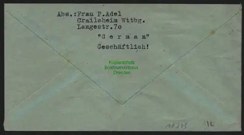 B10349 Brief BAZ Gebühr bezahlt 1946 Crailsheim an Finanzamt Würzburg